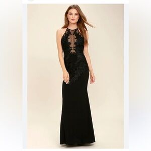 Lulu's Black Embroidered Illusion Halter Maxi Dress